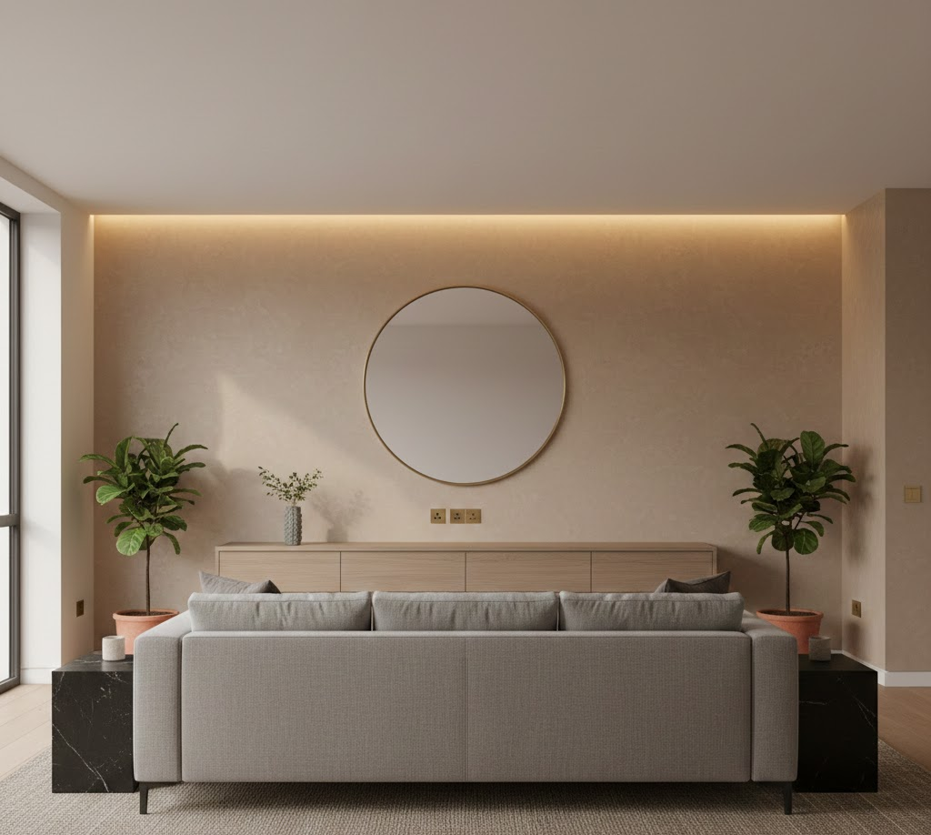 Minimalist lounge featuring a neutral sofa, circular mirror, and symmetry with potted fiddle-leaf figs