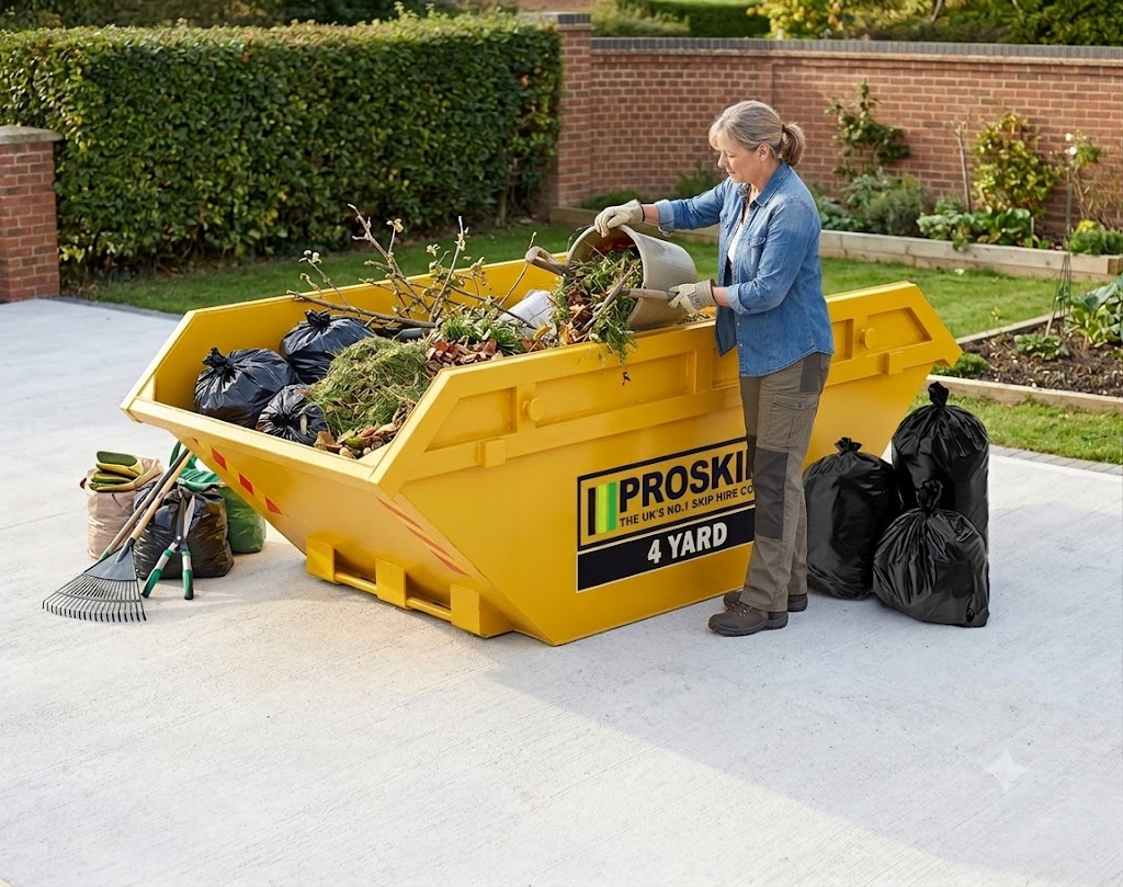 Gardener empties garden waste into yellow skip, surrounded by black bags, tools and hedge outside