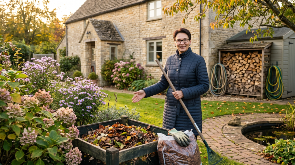 Gardener holds rake beside leaf-filled compost bin in a colourful cottage garden with stone house